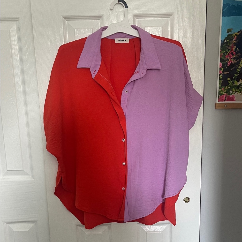 ADORA Vibrant Orange/Red and Purple Button Down Shirt 1X